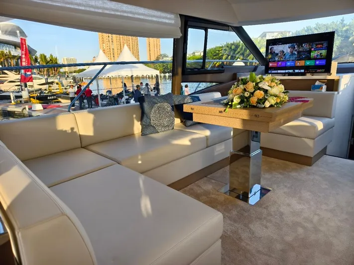  Yacht Photos Pics Luxurious interior of 2022 Prestige 590 yacht with elegant seating and modern entertainment system.