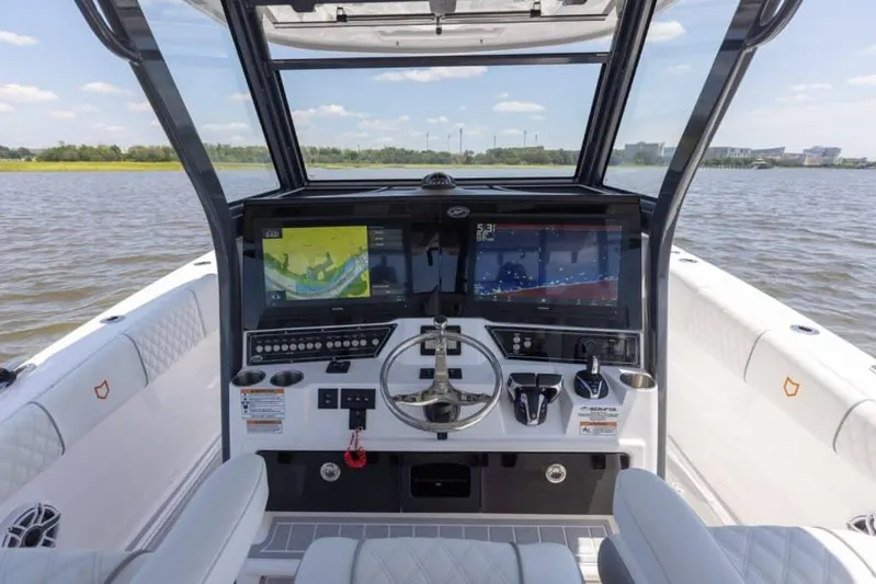 Black Label Marine Group Yacht Photos Pics 2025 Sea Fox 368 Commander Center Console boat dashboard with advanced navigation systems.