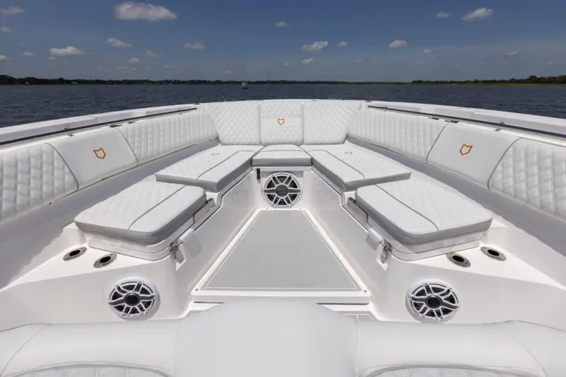 Black Label Marine Group Yacht Photos Pics Luxurious seating area on the 2025 Sea Fox 368 Commander Center Console boat.