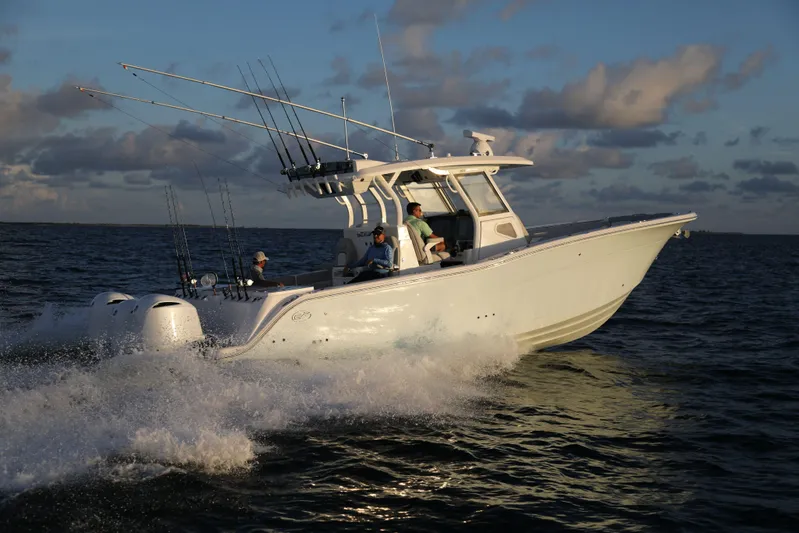 Black Label Marine Group Yacht Photos Pics 2025 Sea Fox 368 Commander Center Console boat cruising on the ocean.