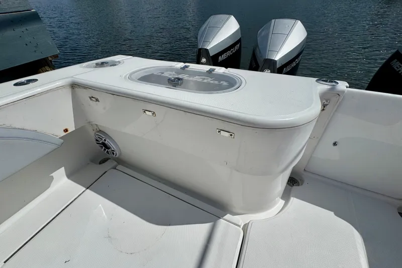 Trade In-- Bring All Offers & Trades Yacht Photos Pics 2021 SeaHunter 41 CTS boat deck with Mercury engines, featuring a clean, white finish.