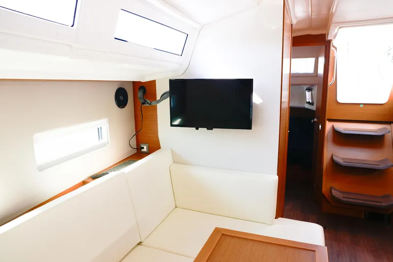 Espiritu Milagro Yacht Photos Pics Interior of 2022 Jeanneau Sun Odyssey 410 yacht with modern seating and mounted TV.