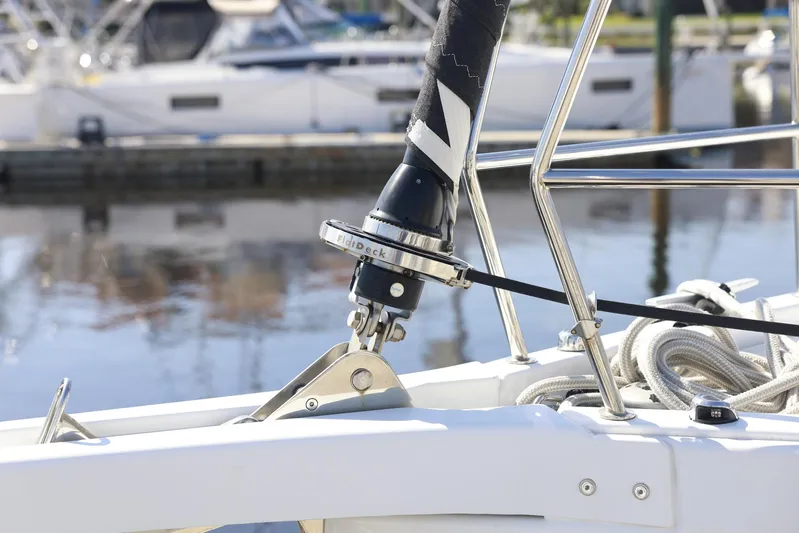 Espiritu Milagro Yacht Photos Pics Close-up of Jeanneau Sun Odyssey 410 sailboat rigging, 2022 model, docked at marina.