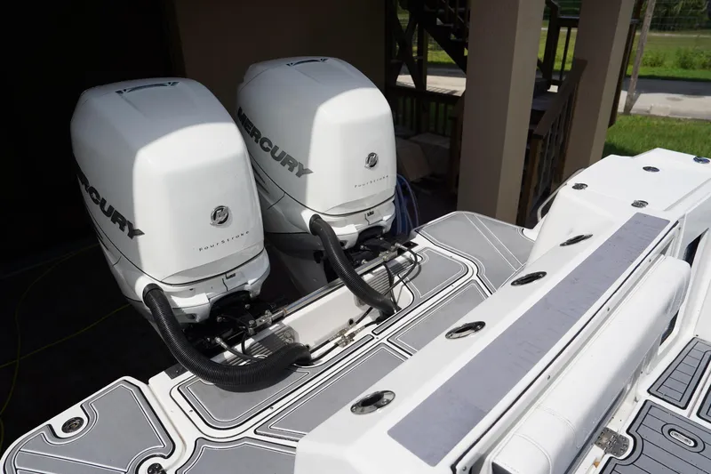  Yacht Photos Pics Twin Mercury outboard engines on a 2023 Blackfin 302 CC boat.