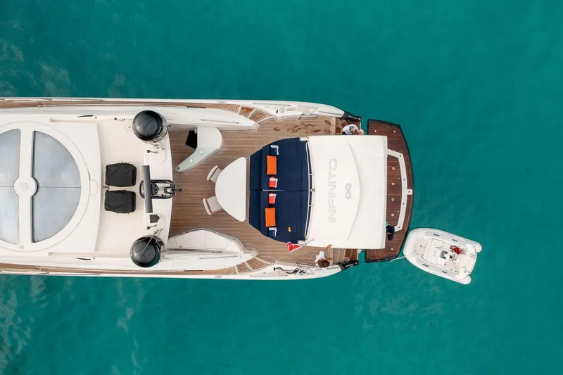 Infinito Yacht Photos Pics Aerial view of 2007 Sunseeker Predator 82 yacht on turquoise water.