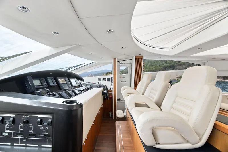 Infinito Yacht Photos Pics Luxurious interior of 2007 Sunseeker Predator 82 yacht with plush seating and advanced controls.