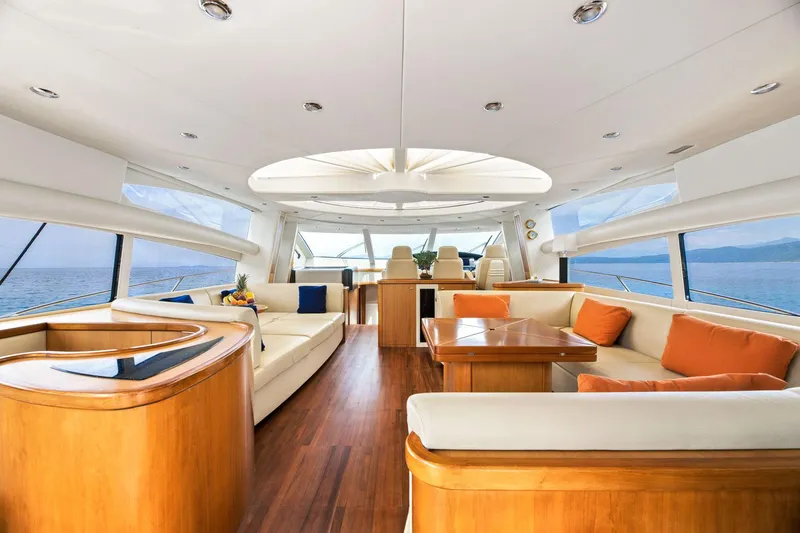 Infinito Yacht Photos Pics Luxurious interior of 2007 Sunseeker Predator 82 yacht with elegant seating and ocean view.