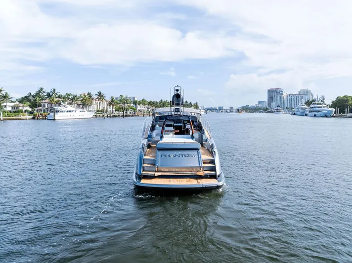 Phantom Yacht Photos Pics 2019 Riva 56 Rivale yacht cruising in a scenic waterfront setting.