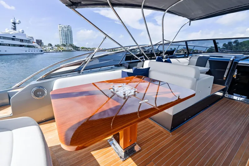 Phantom Yacht Photos Pics Luxurious 2019 Riva 56 Rivale yacht deck with polished wood table and seating.