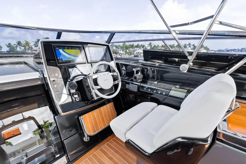 Phantom Yacht Photos Pics Luxurious helm of 2019 Riva 56 Rivale yacht with modern controls and navigation displays.