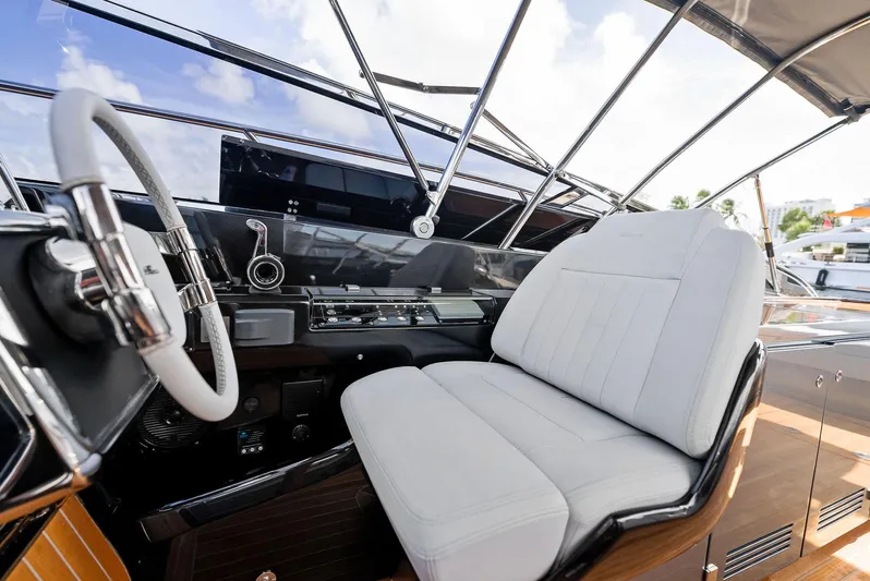 Phantom Yacht Photos Pics Luxurious cockpit of 2019 Riva 56 Rivale yacht with white leather seating.