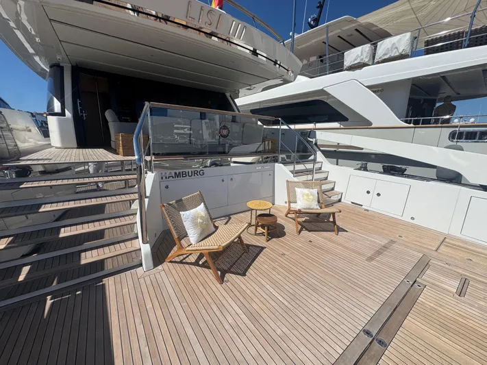 Yacht Photos Pics Luxurious 2018 Sanlorenzo SX88 yacht deck with seating area and stairs.