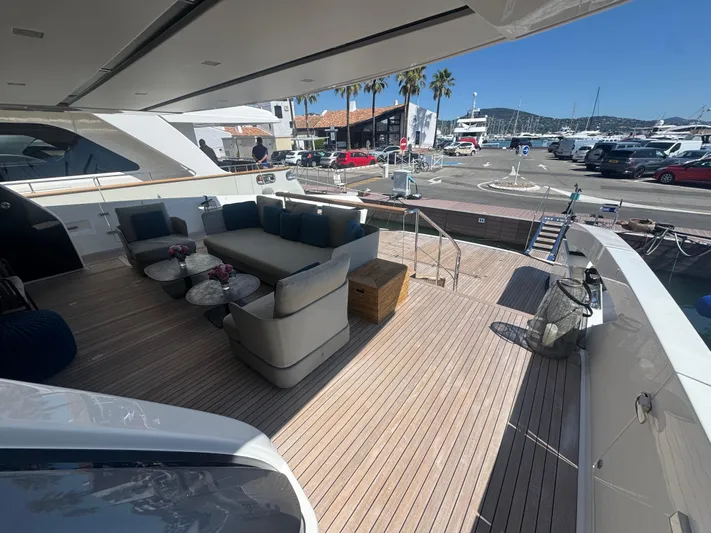  Yacht Photos Pics Luxurious 2018 Sanlorenzo SX88 yacht deck with elegant seating and scenic marina view.