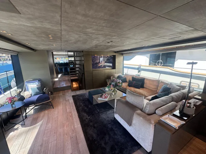  Yacht Photos Pics Luxurious interior of 2018 Sanlorenzo SX88 yacht with modern furnishings and elegant decor.