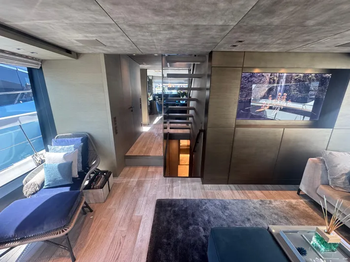  Yacht Photos Pics Luxurious interior of 2018 Sanlorenzo SX88 yacht with modern decor and large windows.