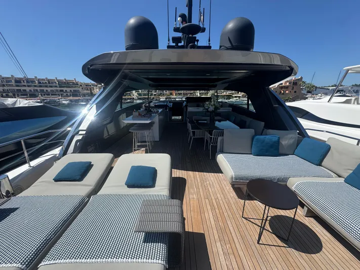  Yacht Photos Pics Luxurious 2018 Sanlorenzo SX88 yacht deck with sun loungers and seating area.