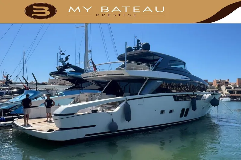  Yacht Photos Pics Luxury Sanlorenzo SX88 yacht docked at marina, 2018 model, My Bateau Prestige branding.