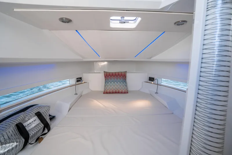  Yacht Photos Pics Interior cabin of 2025 De Antonio Yachts D32 OPEN, featuring modern design and ambient lighting.