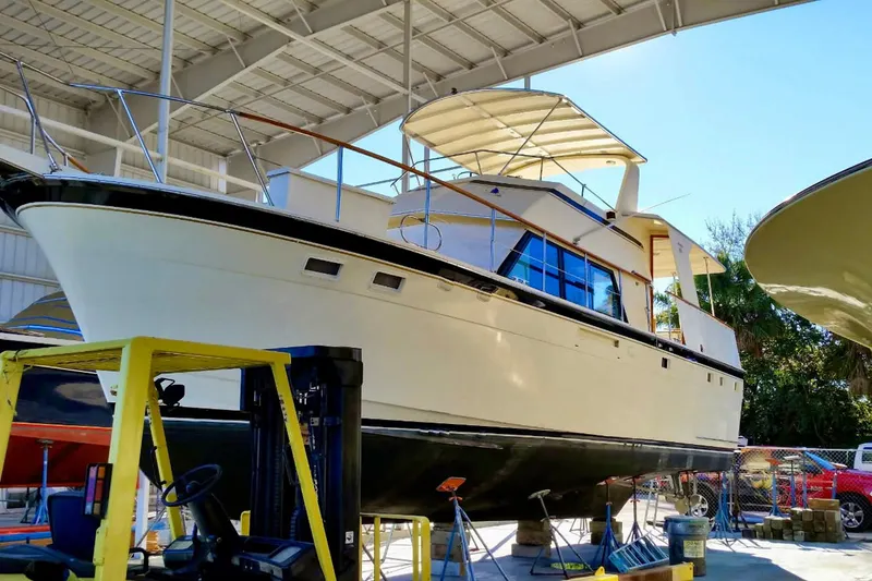 Rubber Ducky Yacht Photos Pics 1981 Hatteras 48 Motor Yacht in dry dock under a covered structure.
