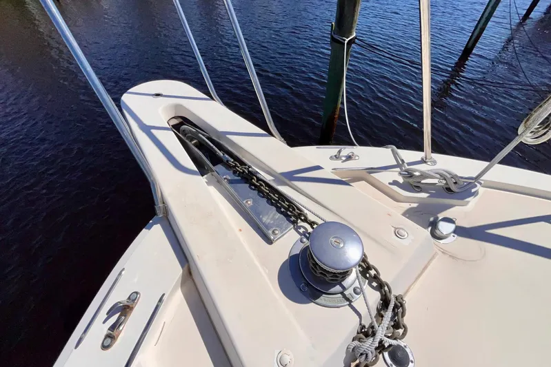 Rubber Ducky Yacht Photos Pics 1981 Hatteras 48 Motor Yacht bow with anchor chain and winch system.