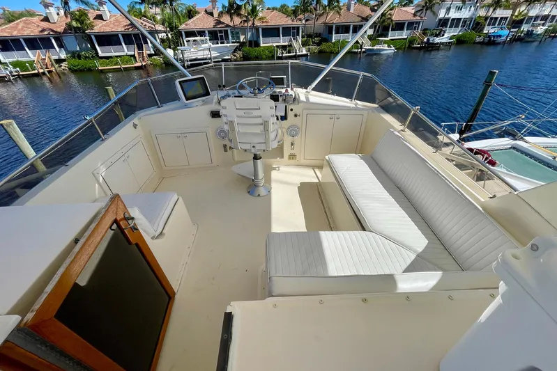 Rubber Ducky Yacht Photos Pics 1981 Hatteras 48 Motor Yacht flybridge with seating, steering wheel, and waterfront view.