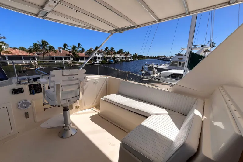 Rubber Ducky Yacht Photos Pics 1981 Hatteras 48 Motor Yacht deck with seating, helm, and waterfront view.