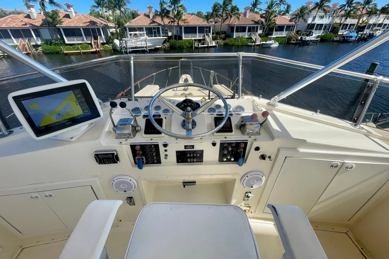 Rubber Ducky Yacht Photos Pics 1981 Hatteras 48 Motor Yacht helm with navigation equipment and waterfront view.