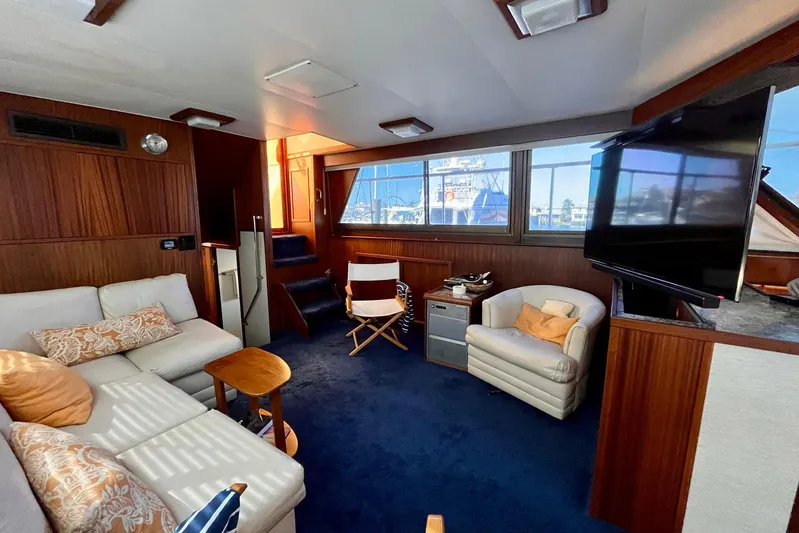 Rubber Ducky Yacht Photos Pics Interior of 1981 Hatteras 48 Motor Yacht with cozy seating and large windows.