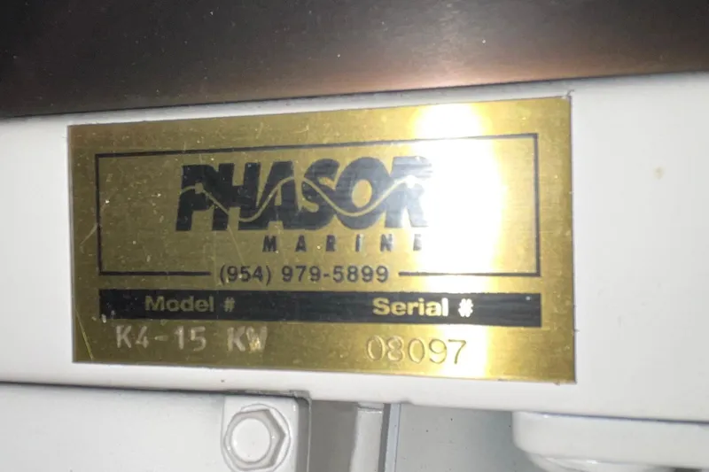 Rubber Ducky Yacht Photos Pics Phasor Marine label on 1981 Hatteras 48 Motor Yacht, model K4-15 KW, serial 08097.