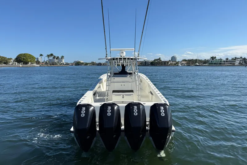  Yacht Photos Pics 2018 SeaVee 390Z boat with four 300 horsepower engines on a sunny day.