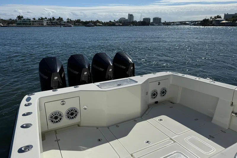  Yacht Photos Pics 2018 SeaVee 390Z boat with four Mercury outboard engines on a sunny day.