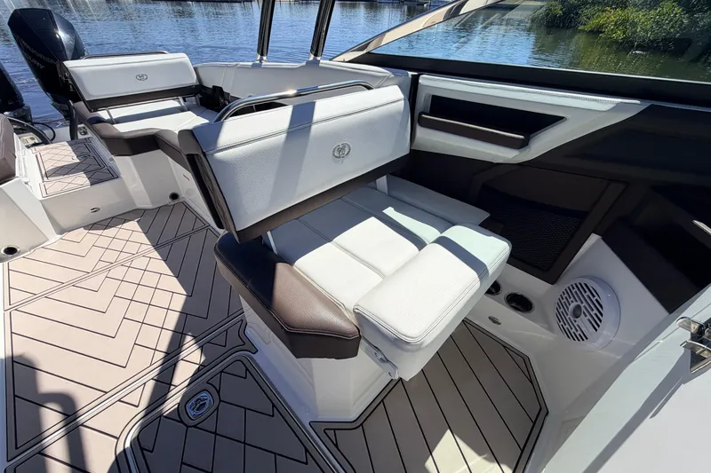  Yacht Photos Pics 2022 Cobalt R8 Outboard boat interior with luxurious seating and modern design.