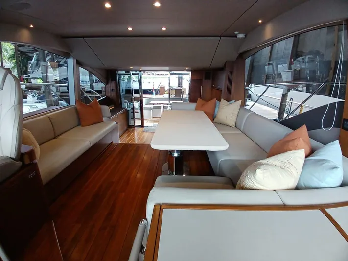 Palmar Yacht Photos Pics Luxurious interior of 2023 Princess F55 yacht with elegant seating and wooden flooring.