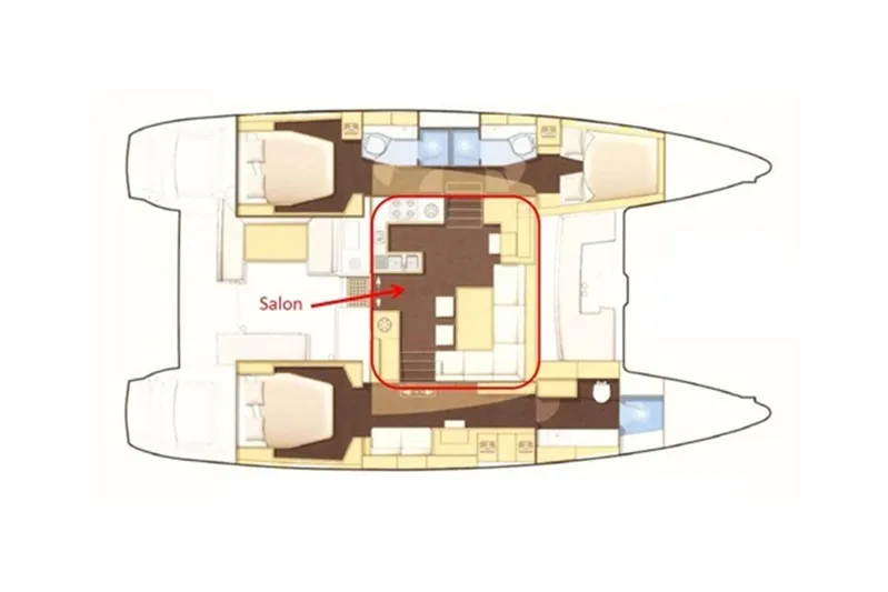  Yacht Photos Pics Floor plan of a 2012 Lagoon 450F catamaran, highlighting the salon area.