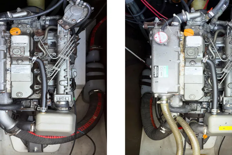  Yacht Photos Pics Engine components of a 2012 Lagoon 450F catamaran, showcasing mechanical details.