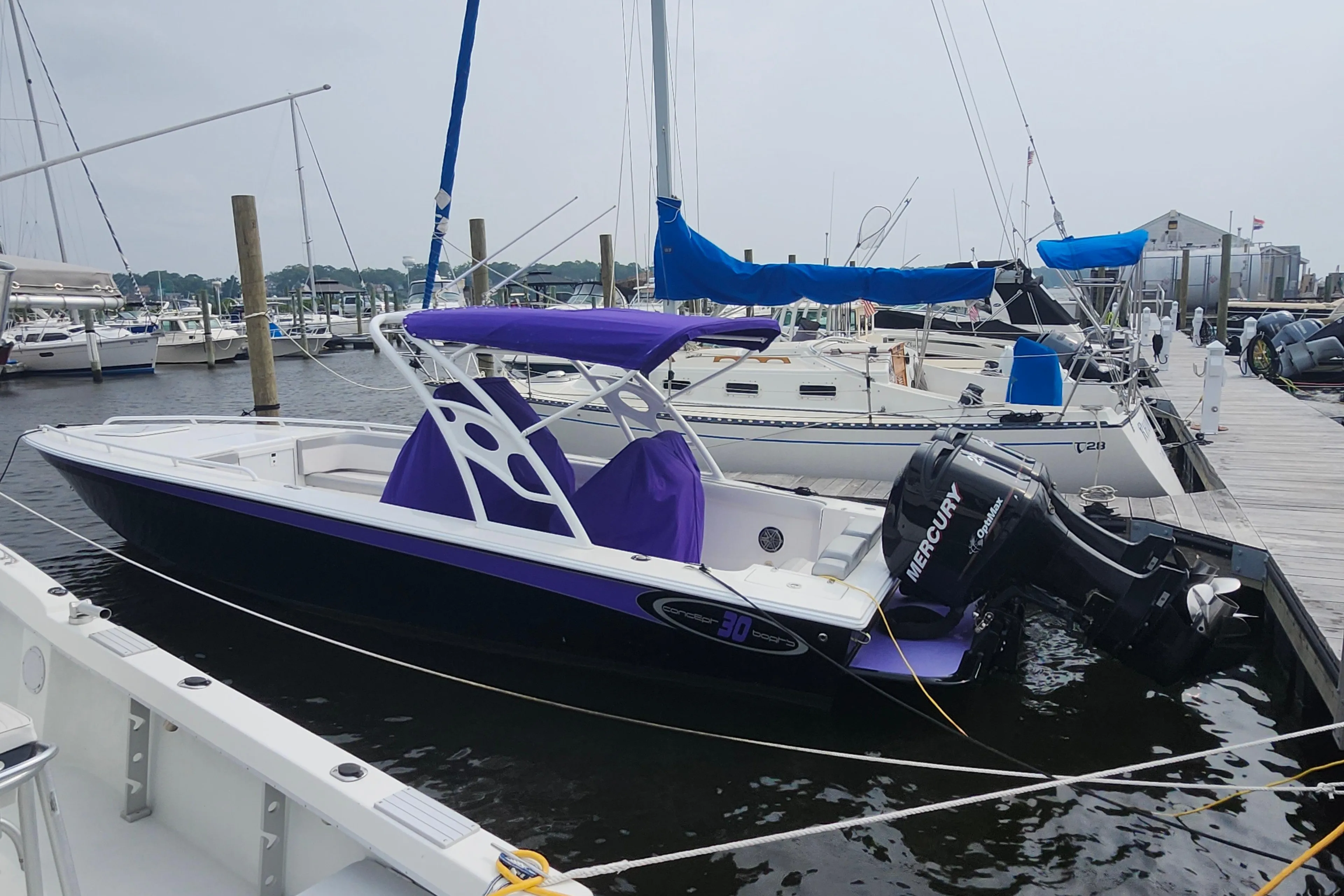 2014 Concept 30 Cuddy boat docked, featuring a purple canopy and Mercury outboard motor.