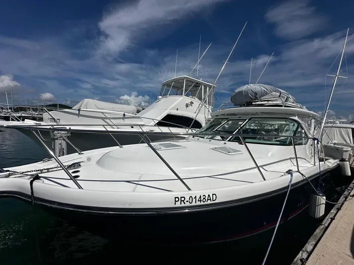  Yacht Photos Pics 2005 Tiara Yachts 3200 Open docked under a clear blue sky.