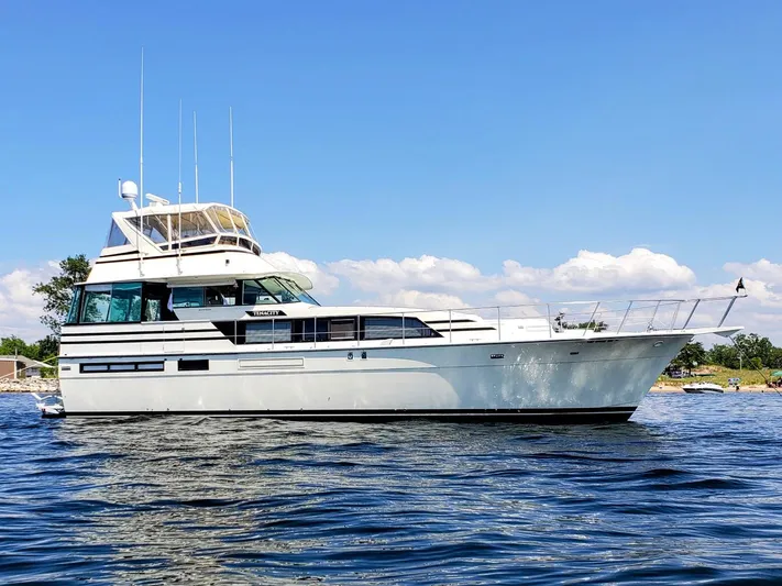 Tenacity Yacht Photos Pics 1986 Bertram 58 Flybridge Motor Yacht on calm water.