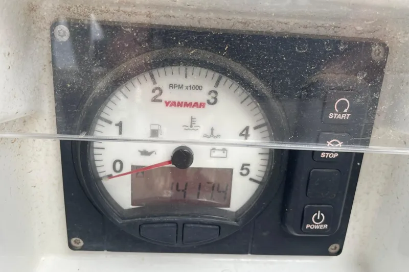 Genka Yacht Photos Pics Yanmar engine control panel on 2017 Beneteau Sense 50 sailboat, showing RPM and hour meter.