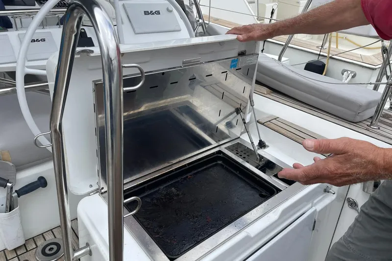Genka Yacht Photos Pics Outdoor grill on 2017 Beneteau Sense 50 yacht, featuring stainless steel design.