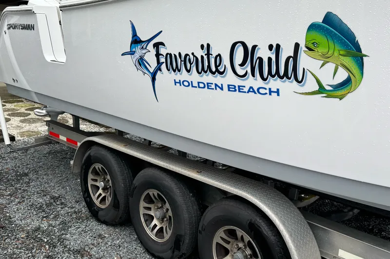 Yacht Photos Pics 2021 Sportsman Open 322 Center Console boat with "Favorite Child" decal at Holden Beach.