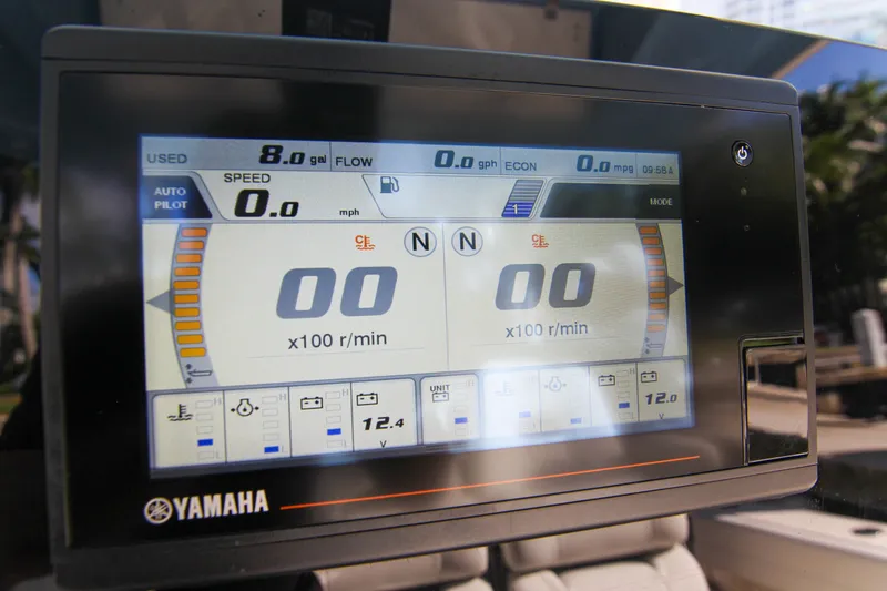  Yacht Photos Pics Yamaha display on 2022 Cobia 350 Center Console showing speed and fuel data.