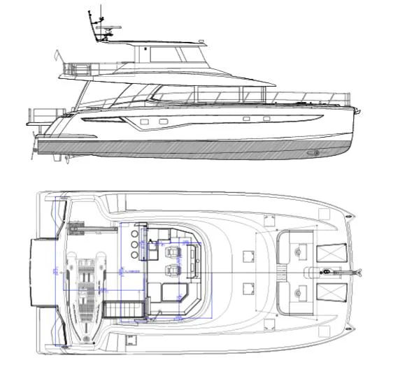 Bikini Sunset Yacht Photos Pics Granocean 57 yacht design, side and top view, year 2023.