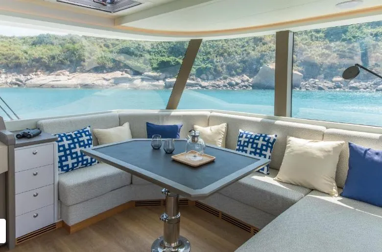 Bikini Sunset Yacht Photos Pics Luxurious interior of Granocean 57 yacht, 2023 model, with ocean view.