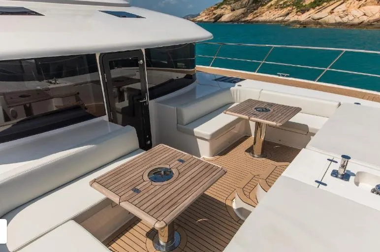 Bikini Sunset Yacht Photos Pics Luxurious Granocean 57 yacht deck with seating area, 2023 model.