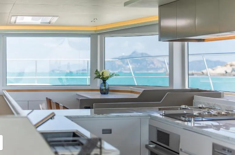 Bikini Sunset Yacht Photos Pics Interior of Granocean 57 yacht with ocean view, 2023.