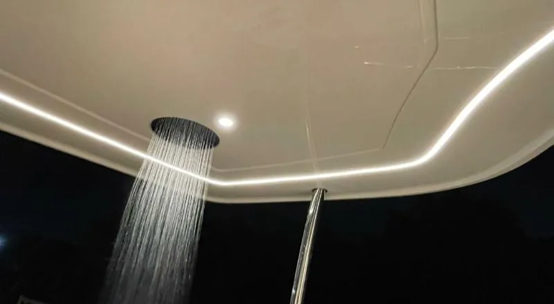 Bikini Sunset Yacht Photos Pics Luxurious shower on Granocean 57 yacht, 2023 model.