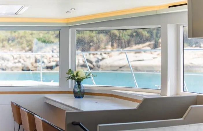 Bikini Sunset Yacht Photos Pics Interior of Granocean 57 yacht with ocean view, 2023.