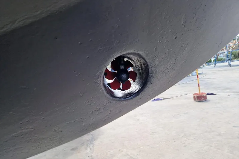 Captain Back Yacht Photos Pics Close-up of a Studio Mare Atmosfere 46 yacht's bow thruster, 1988 model.