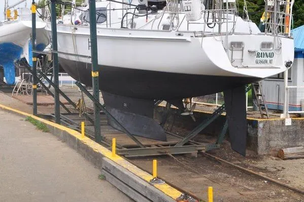 Raynad Yacht Photos Pics Sailboat "Raynad" on dry dock, Custom Steel Cutter World Cruiser, 2000 model.